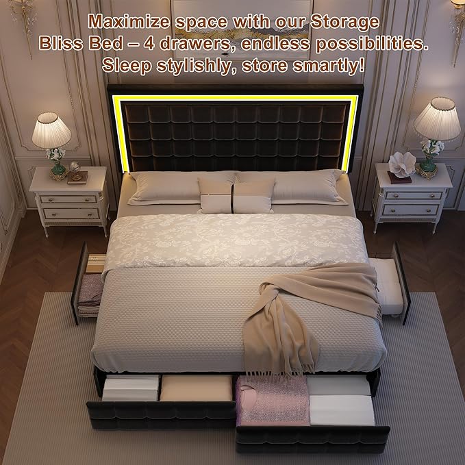 Queen Bed Frame with LED Lights & Storage Drawers, No Box Spring Needed, Heavy Duty 900lbs Weight Capacity, Easy Assembly, Modern Upholstered Platform Bed, Velvet Black
