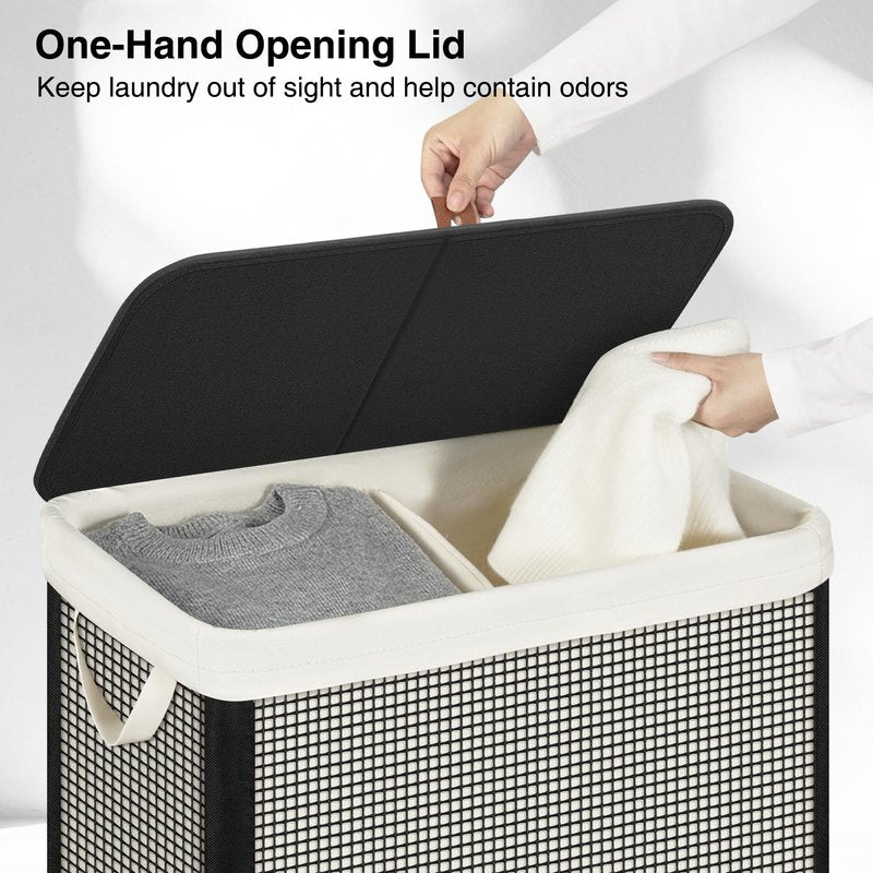 STO STO Double Laundry Hamper with Lid, 140L Large 2 Section Laundry Sorter, Laundry Basket with Removable Washable Canvas Liner Bag, Breathable Clothes Hamper for Bedroom Bathroom Laundry Room Closet