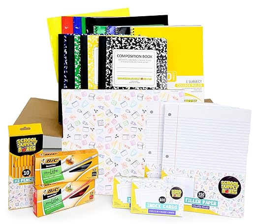 School Supply Boxes | High School Writing Pallet (112 Boxes) | Back to School Essentials Kit for Students & Teachers | Includes College-Ruled Filler Paper, College-Ruled Notebooks, 12 ct. Pens, & More