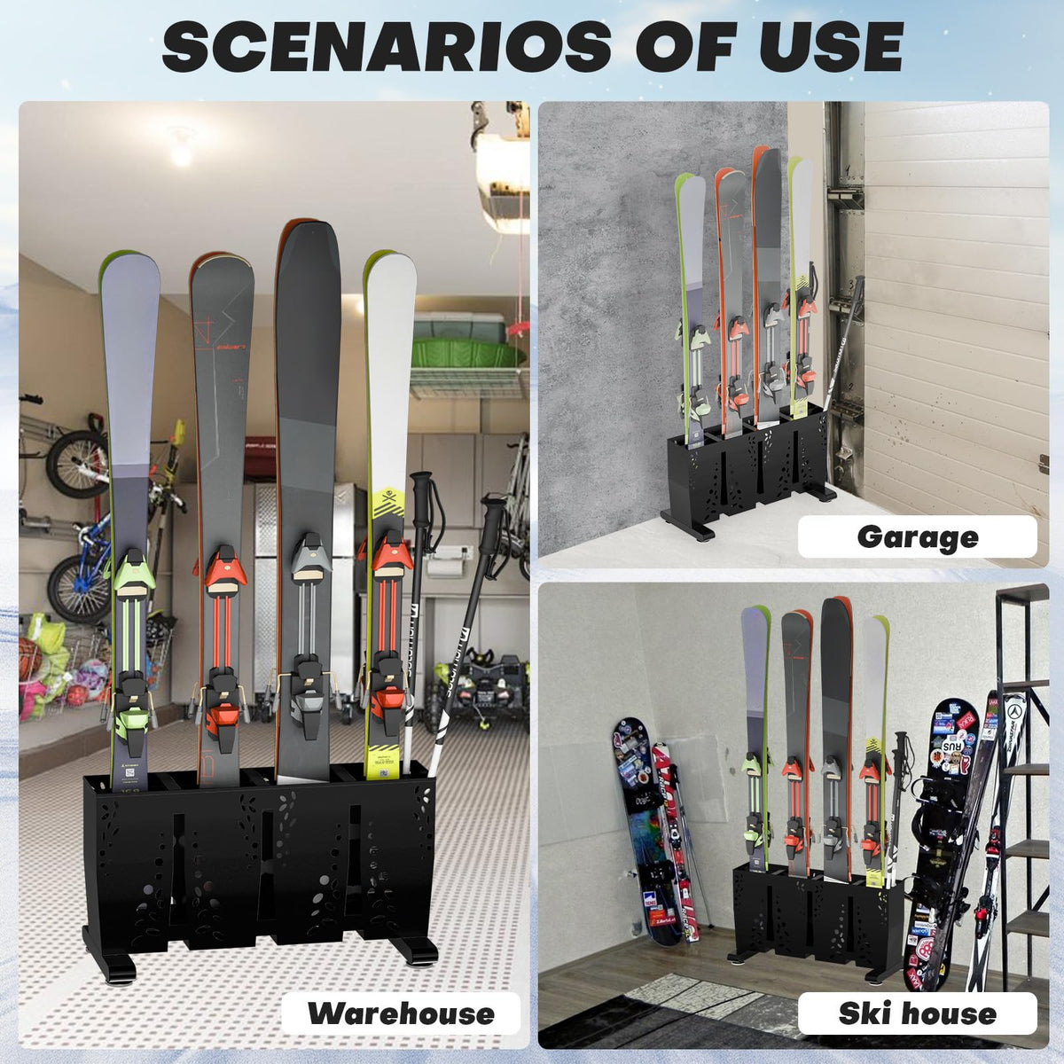 TOCRETOARE Ski Storage Rack for Garage, 4 Pair Heavy Duty Steel Freestanding Ski Storage Organizer, Indoor Ski Holder Racks for Home and Garage Storage