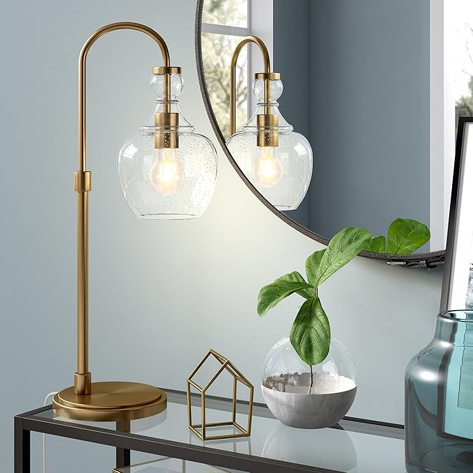 Henn&Hart 27" Mid-Century Modern 1-Light Table Lamp with Seeded Glass Dome Shade for Living Room, Bedroom, or Office, Brushed Gold