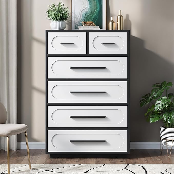White Dresser for Bedroom, Modern 6 Drawer Dresser with Solid Wood Handle, Wood Chest of Drawers, 44" Tall Bedroom Storage Cabinet, Closet Organizer for Living Room, Hallway