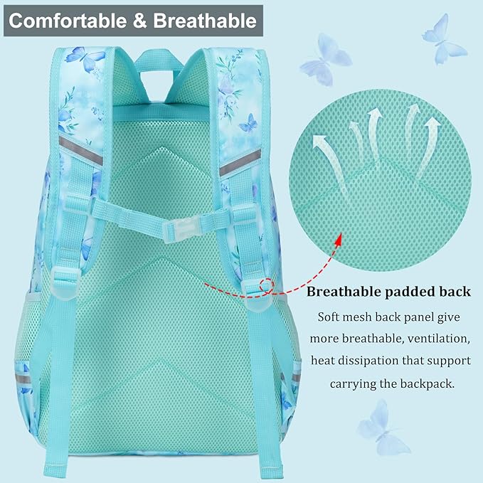 DSIUE Kids Backpack for Girls Elementary BookBags Teens Middle School Backpack with Lunch Box (Butterfly Green)