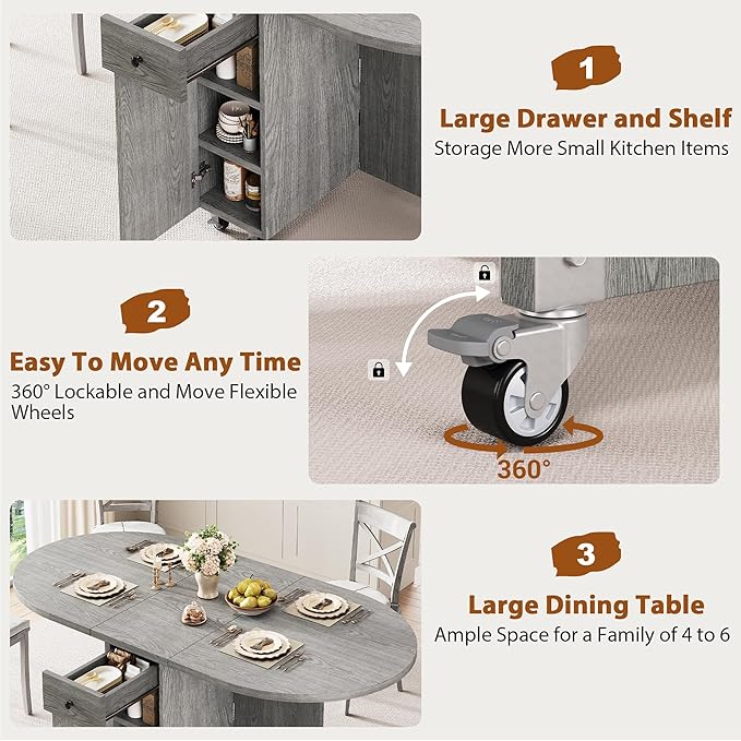 Folding Dining Table for 4 Kitchen Dining Room DinnerTable with Storage Drawer Space Saving Oval Foldable Drop Leaf Gateleg Furniture for Small Space (Grey, 47 * 23.6 * 30)