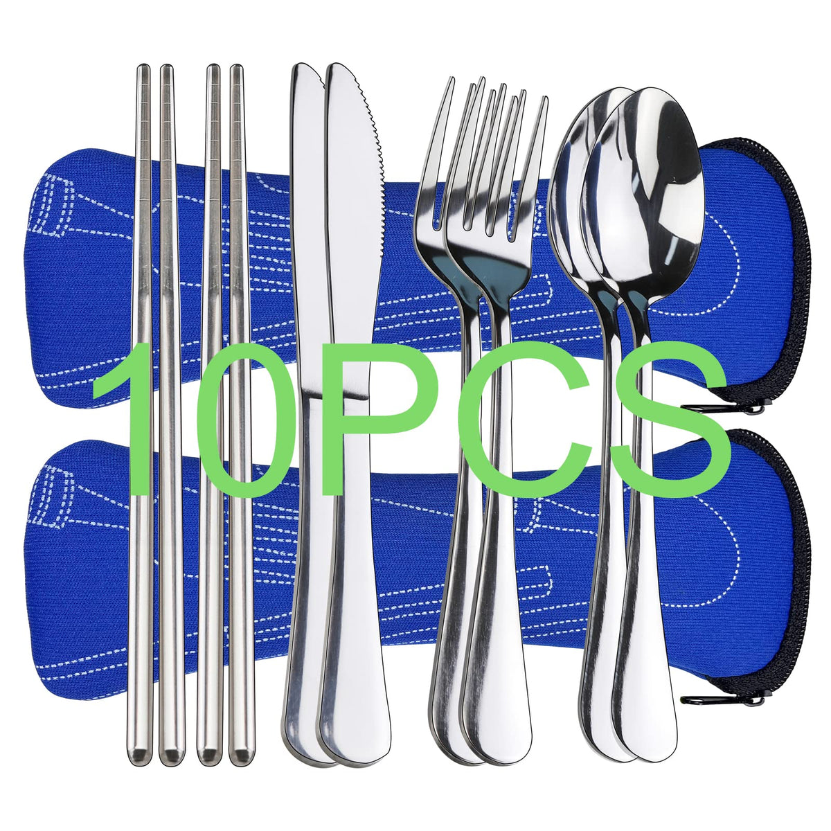 10PCS Portable Silverware Set with Case, Lengnoyp Travel Camping Utensils Set, Premium Stainless Steel Travel Cutlery Set, Reusable Safe Flatware Sets for Lunch Box/Workplace/Students, Silver
