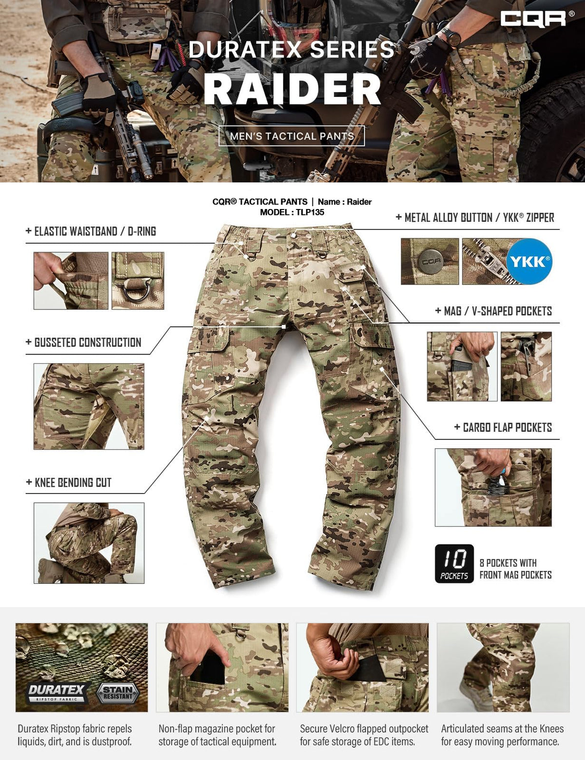 CQR Men's Tactical Pants, Water Resistant Ripstop Cargo Pants, Lightweight EDC Work Hiking Pants, Outdoor Apparel, Duratex Mag Pocket Utility Camo, 32W x 30L