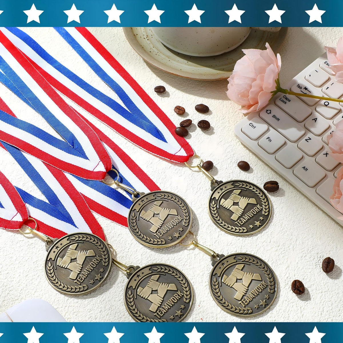 Quelay 30 Pcs 2'' Gold Awards Medals Bulk Winner Medals with Neck Ribbons Encourage Team Participation for Adults Trophy Award Prize Gift Competitions Graduation Party(Teamwork)