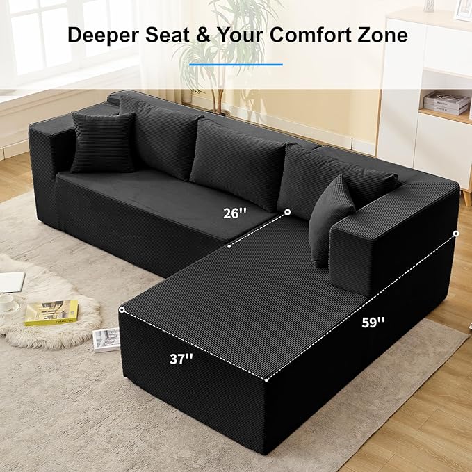 PUREMIND 106" Black Sectional Couches for Living Room, Cloud Couch Modular Sectional Sofa, Corduroy L Shape Sofa with Deep Seat, Modular Boneless Foam Couch Corner Couches No Assembly Required