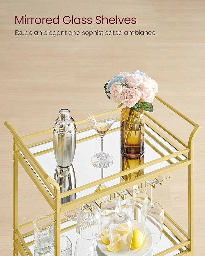 VASAGLE Bar Cart Gold, Small Home Bar Serving Cart with 3-Tier Mirrored Shelf, Wine Holders, Glass Holders, for Small Spaces, Kitchen, 15 x 23.6 x 36.2 Inches, Gold ULRC100A01
