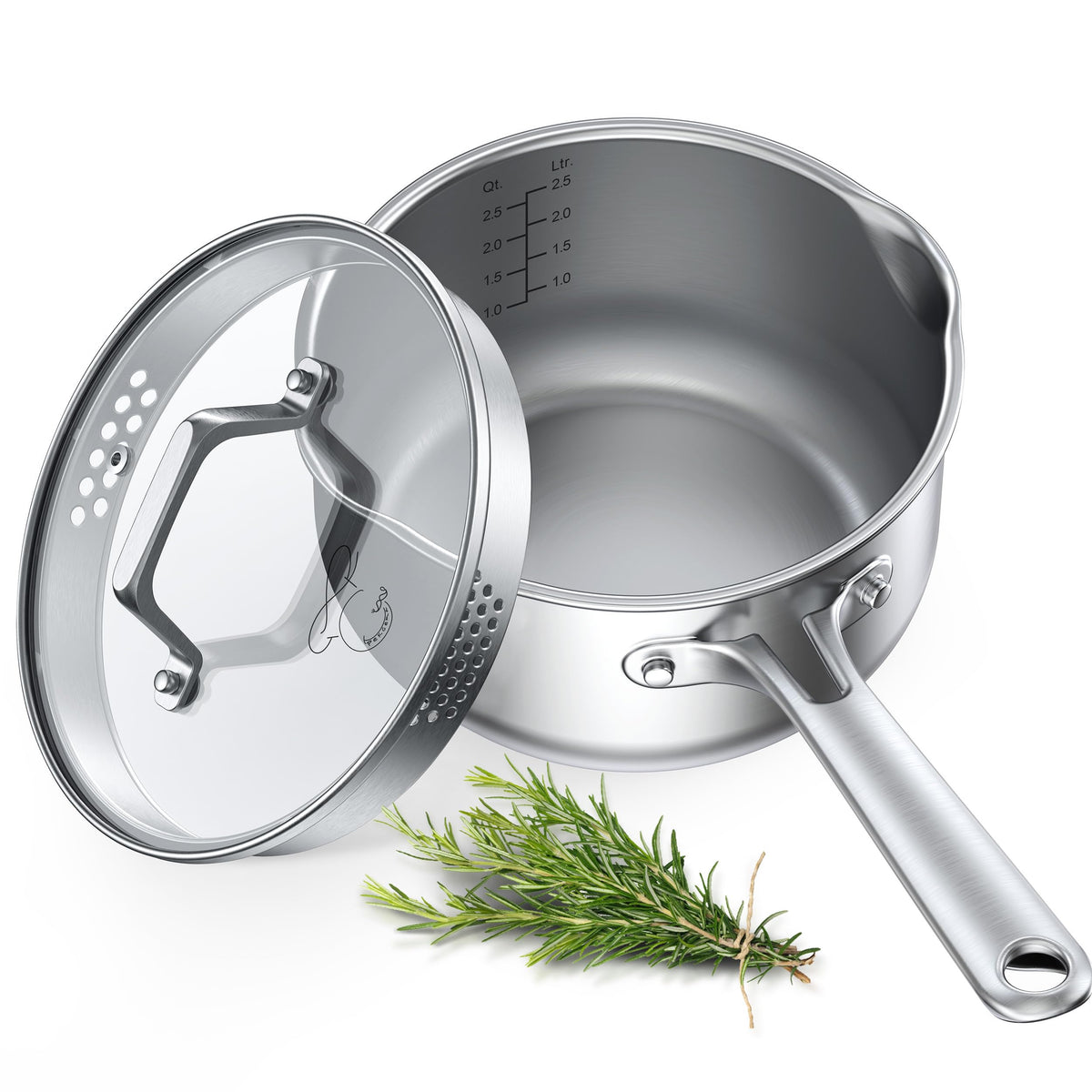 PekGema 2.5QT Saucepan w/Glass Strainer Lid, Tri-Ply Stainless Steel