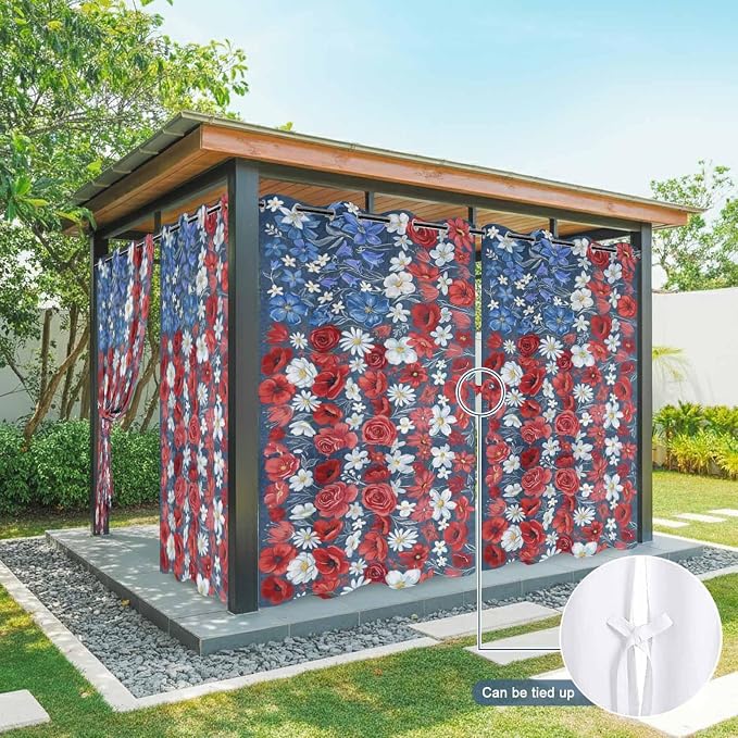 4th of July Outdoor Curtains for Patio Patriotic Flowers Farmhouse Red