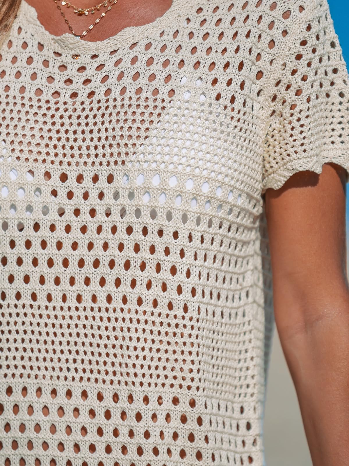 CUPSHE Women Swimsuit Crochet Cover Ups 2025 Summer Bathing Suit Swimwear Knit Pullover Beach Dress Off-White Medium