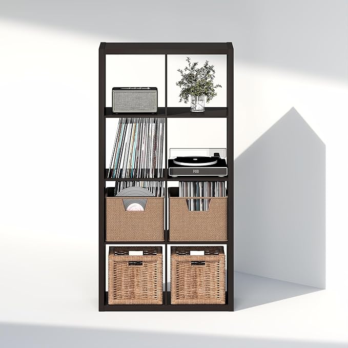 Furinno Cubicle Record Player Stand with Vinyl Storage, 8-Cube 1.2 Extra Thick Vinyl Record Storage, Open Back Media Shelf for CD DVD Blueray Game Disc, for Living Room, Home Office, Black Dark Oak