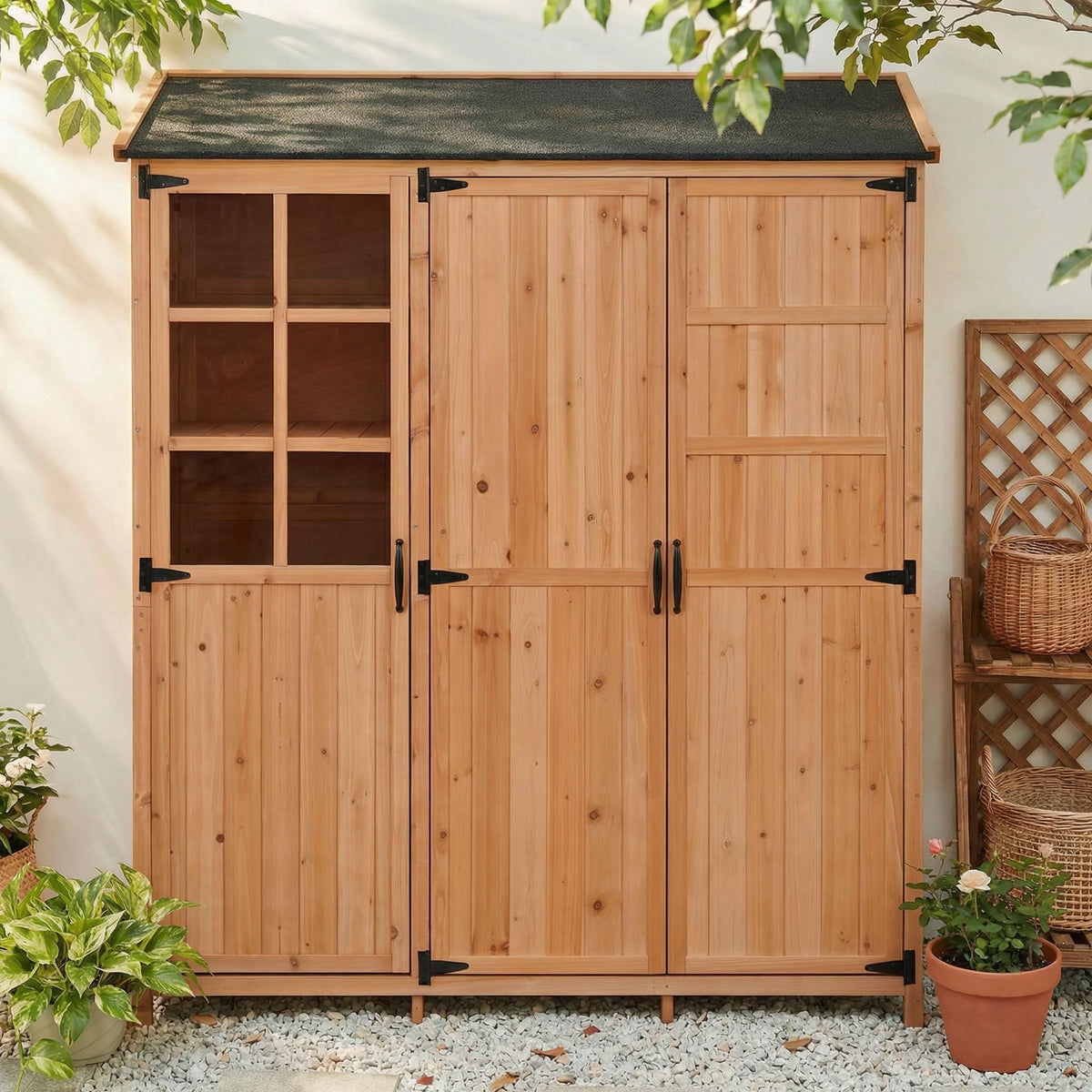 Outdoor Garden Shed with Waterproof Roof and Workstation, Outdoor Storage Cabinet with 7 Storage Shelves, 2 Drawers and 6 Hooks, Natural