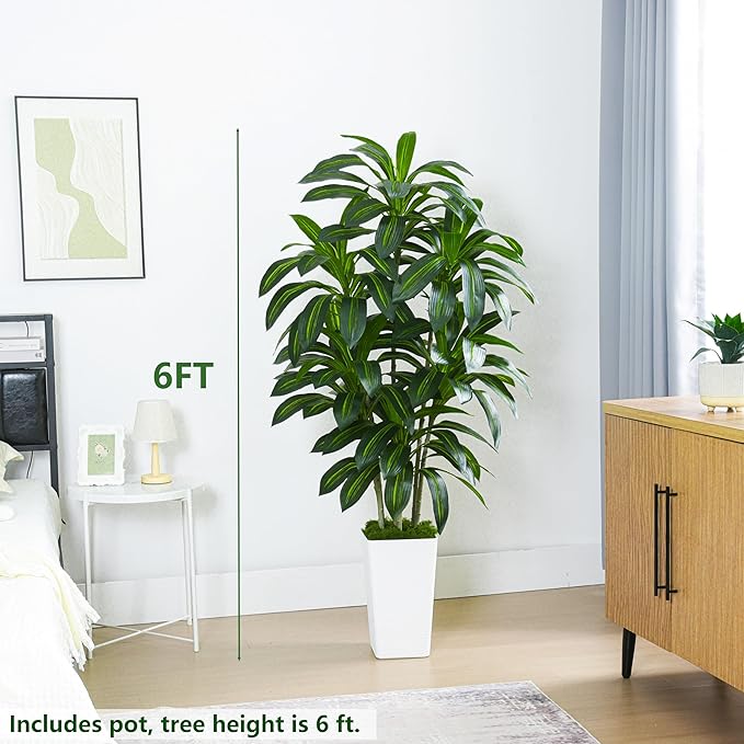 Artificial Dracaena Plant Indoor Fake Tree, Tall Fake Floor Plants with White Planter, Artificial Yucca Tree for Home Office Living Room Bedroom Farmhouse Modern Outdoor Topiary Tree(6 Trunks 6FT)