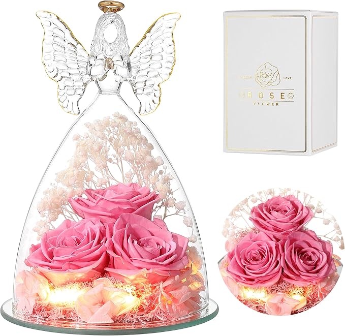 Ocosy Mothers Day Rose Gifts for her, Large Angel Rose Gifts for Women, Forever Real Roses in Angel Figurines, Angel Guardian with Roses Flower, Sweet Pink
