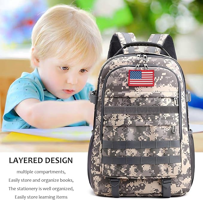 School Backpack for Boys - Camouflage Boys Backpack for Kids Teens Elementary Middle School - Camo Students Bookbag,18″ Bookbag with Usb Charging Port & Key-chain