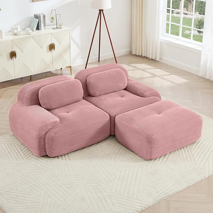 80" Modern Compressed Boneless Love Seat Couches with 1 Ottoman, 2 Seater Large Sectional Couches for Living Room, Pink Corduroy Cloud Modular Sectional Sofa, Memory Foam, Deep Loveseat, No Assembly