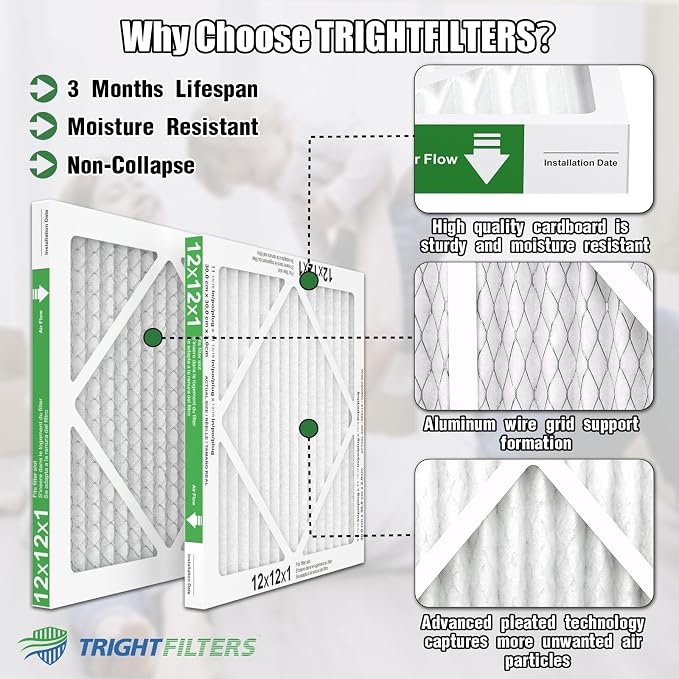 12x12x1 Air Filter 6 Pack, Durable MERV 8 Pleated Home HVAC AC Furnace Filters