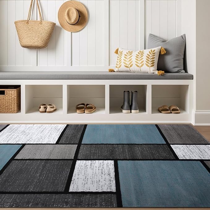 Rugshop Modern Geometric Boxes Blue Area Rug, Non-Shedding Carpet for Bedroom, Office, or Small Living Room, 4' x 6'