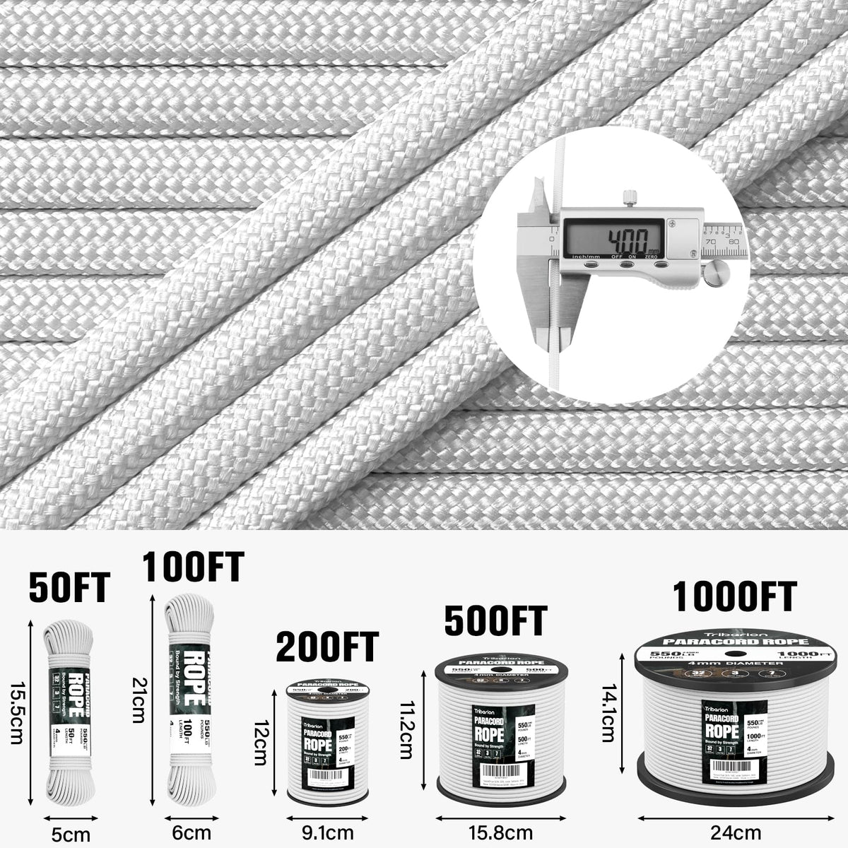 Paracord Rope 550 lb - 200ft 5/32" Parachute Cord 4MM 7-Strand para Cord - Heavy Duty Spool String for Survival,Camping Gear, Survival Bracelet, Clothesline - White