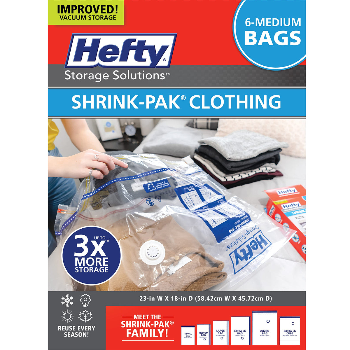 Hefty Shrink-Pak Starter Kit - 2 Large, 1 XL Cube, 1 Jumbo Vacuum Seal Storage Bag and Hand Pump – Space Saver Bags for Clothing, Pillows, Towels, or Blankets, 5 Pc Set