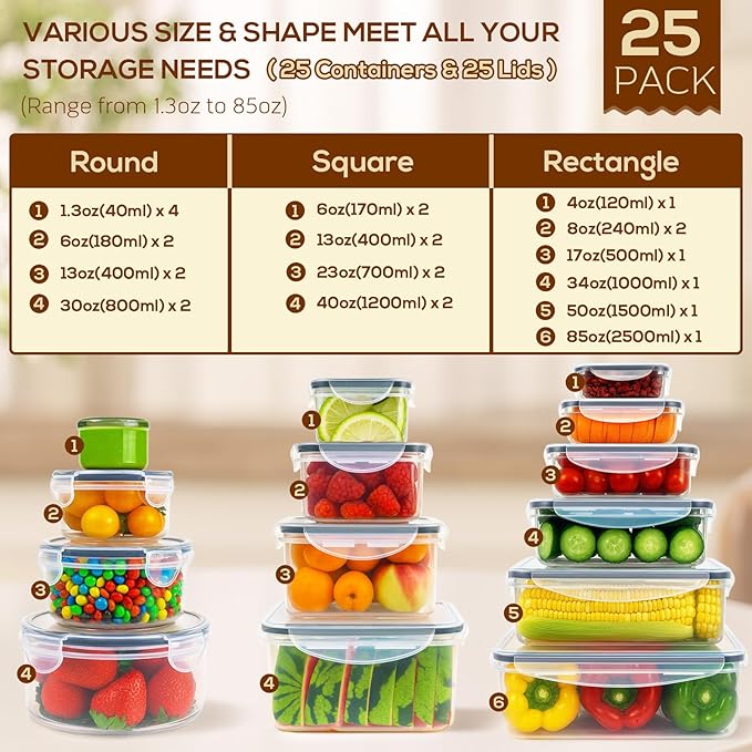 50PCS Thick Food Storage Containers with Airtight Lids for Meal Prep