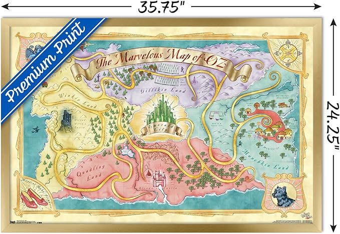The Wizard Of Oz - Map Wall Poster, 34L" x 22.4W", Gold Framed Version