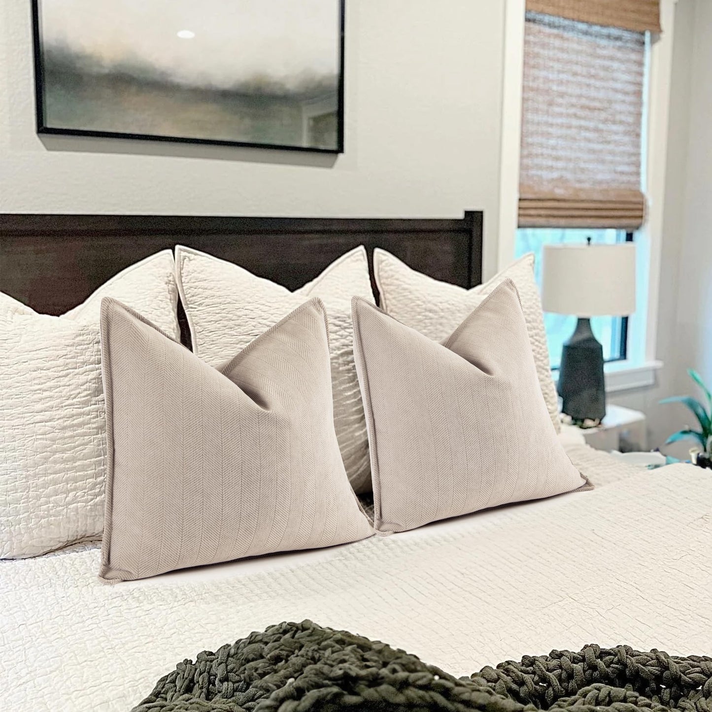 ZWJD Beige Pillow Covers 24x24 Set of 2 Chenille Throw Pillow Covers with Elegant Design Soft and Luxurious Decorative Throw Pillows for Couch, Bed, and Home Decor