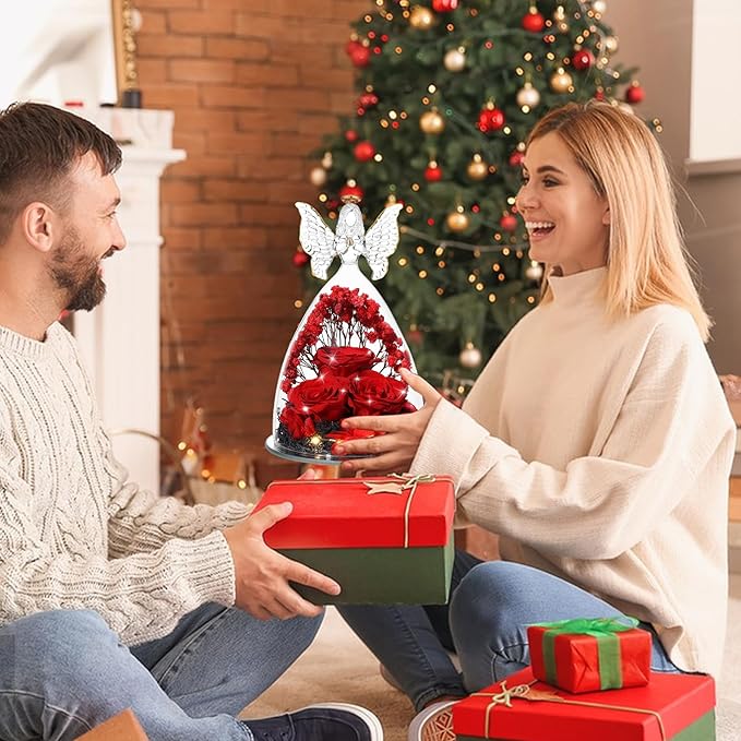 Ocosy Mothers Day Rose Gifts for her, Large Angel Rose Gifts for Women, Forever Real Roses in Angel Figurines, Angel Guardian with Roses Flower, Crystal Red