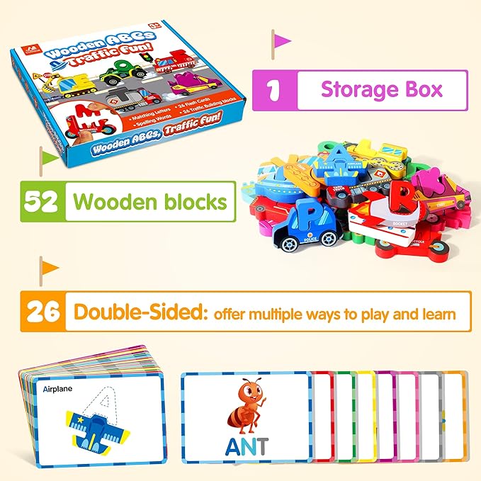 Vanmor Wooden Vehicle Alphabet Puzzle for Toddlers, Traffic ABC Letter Sight Words Matching Game with 52 Blocks and Flash Cards, Montessori Spelling Game Learning Toys, Easter Basket Stuffers for Kids
