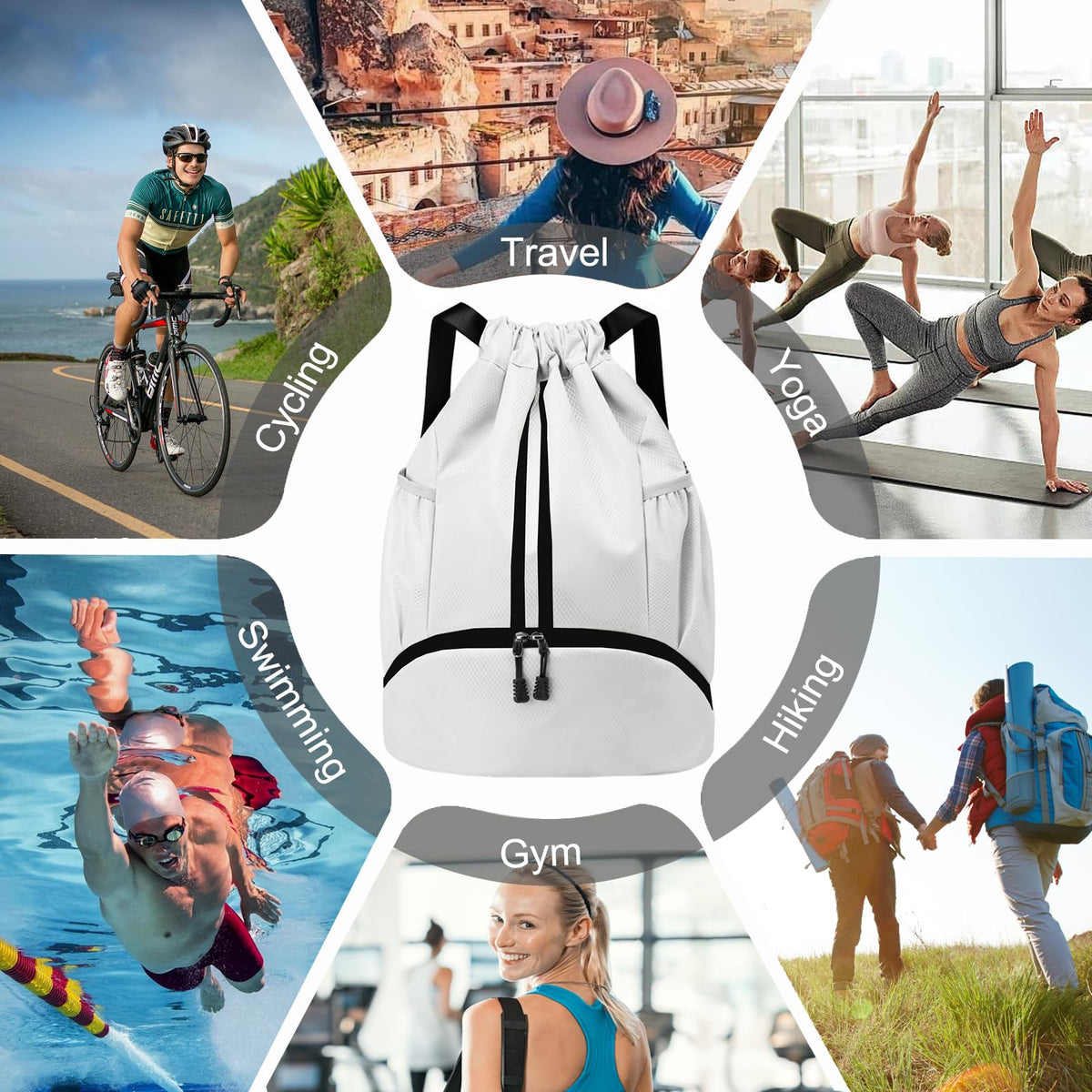 Hoedia Sports Drawstring Backpack - String Swim Gym Bag with Shoes Compartment and Wet Proof Pocket for Women/Men (White)