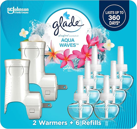 Glade PlugIns Refills Air Freshener Starter Kit, Scented and Essential Oils for Home and Bathroom, Aqua Waves, 4.02 Fl Oz, 2 Warmers + 6 Refills