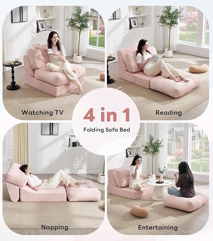 Tbfit 35.8'' Folding Sofa Bed, Convertible Sleeper Chair with Large Pillow, Corduroy Folding Couch Bed, Portable & Foldable Mattress Boneless Floor Single Sofa for Living Room, Bedroom, Office, Pink