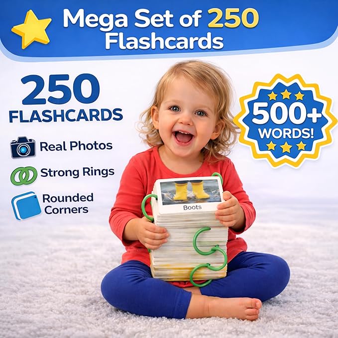 500 Words Thick & Sturdy Learning Flash Cards for Toddlers 1-3 with Rings - 1 Year Old Girl Gifts - Educational & Montessori Toys for 1 Year Old boy - Toddler Flashcards for Preschool & Kindergarten