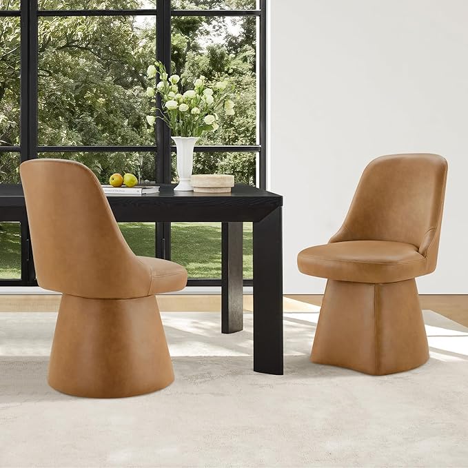 Swivel Dining Chairs Set of 4, Upholstered Mid Century Modern Deskchair with High Back, Faux Leather Kitchen Chairs for Dining Room, Bedroom, Dressing Room, Brown