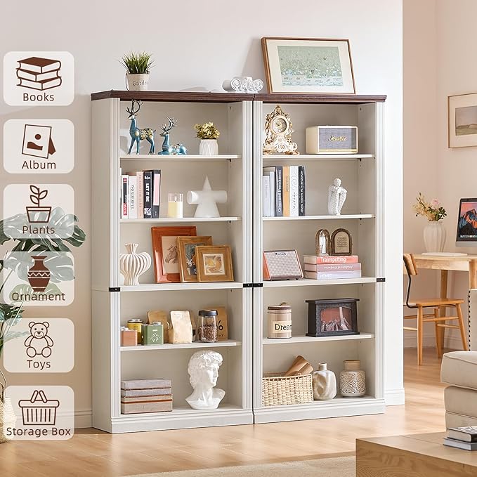 70" White Tall Bookshelf Set of 4,5-Tier Thick Wooden Book Shelf with Adjustable Shelves,Free Standing Farmhouse Bookcase with Open Display Storage,Floor Vintage Bookshelves for Living Room