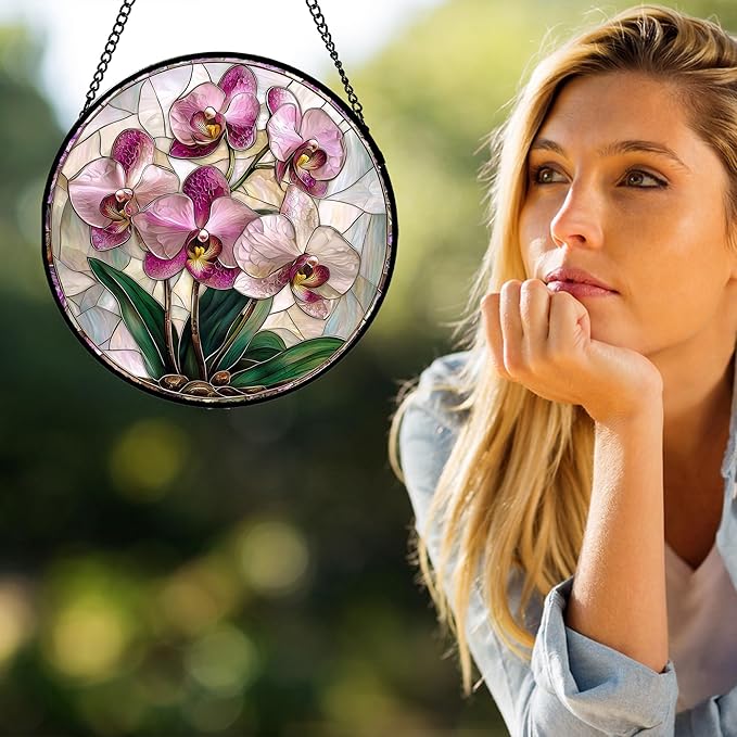 Stained Glass Window Hanging - Pink Purple Phalaenopsis Flowers Sun Catcher for Door Home Decor Plant Suncatcher Christmas Mother's Day Birthday Gifts for Women Men Mom Nana 9.8 in