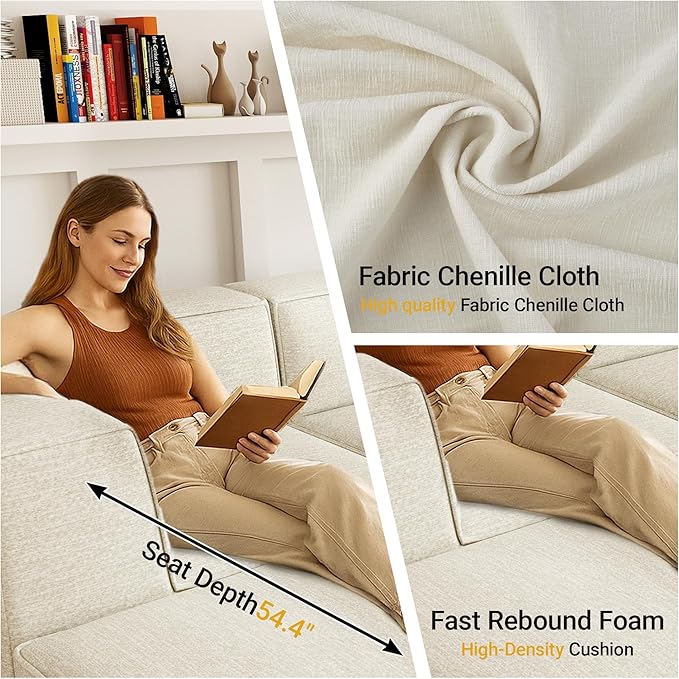 97"+57" 5-Piece Modular Sectional Sofa Convertible Cube Thick Couch 2 3 4 Seat Set, L-Shape, No Assembly for Living Room (3xArmless+1xCorner+1xOttoman) Fabric Chenille Beige White