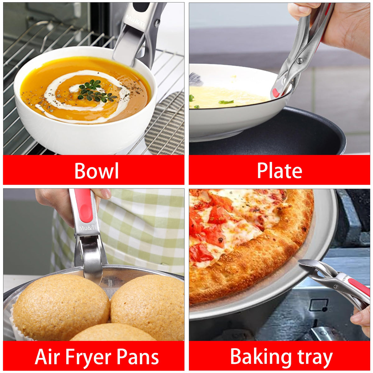 Mu&Ti Hot plate gripper For Instant Pot accessories, For Microwave, Oven,Toaster (Safe for Air Fryer Pans Gripper,Bowls, Egg Custard, Hot Plates) Stainless Steel Heat-Resistant Kitchen Gripper (Red)