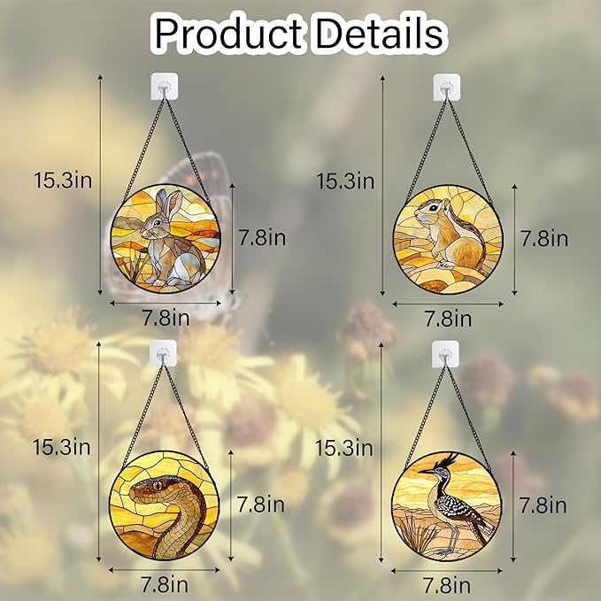Stained Glass Window Hanging 4 Pcs Set Animals 7.8" - Desert Landscape Yellow Suncatcher Door Garden Sun Catcher Decor Birthday Christmas for Mom Woman Nana Men