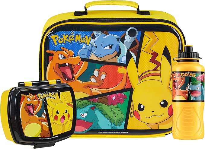 Pokemon Insulated Lunch Bag with Lunch Box Water Bottle Set for Kids 3 Piece School Snack Bag Pikachu Gifts for Kids (Yellow)