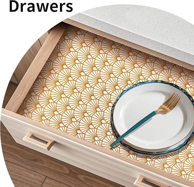Drawer and Shelf Liner for Kitchen Cabinet: 17 in X 30 Ft Waterproof Shelf Paper Non Adhesive Refrigerator Liners Golden Ginkgo Leaf Easy Liners for Bathroom with Knife Tape Measure