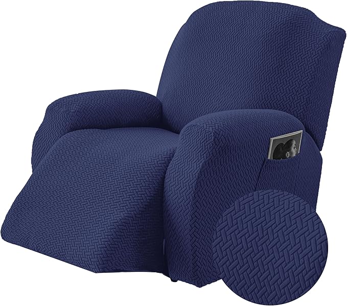 Genina Recliner Chair Covers, Stretch Reclining Chair Cover, Recliner Sofa Slipcovers Stripe Jacquard Lazy Couch Covers Furniture Protector Covers for Pet Kid (Navy Blue, 1 Seat)