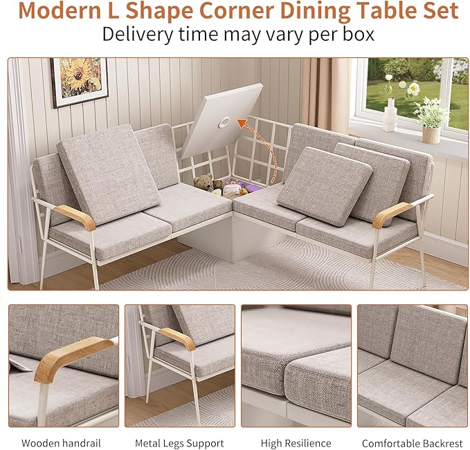 VFK 3 Piece Dining Table Set, 51 Inch Modern Kitchen Folding Breakfast Table with Right Seat Storage Corner Stools and Dining Chairs for Home Dining Room Furniture