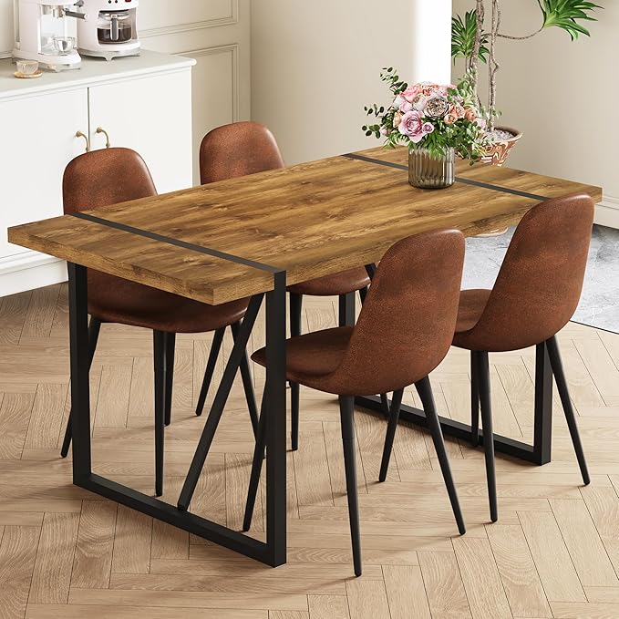Rustic 5 Piece Dining Room Table Set for 4 People, Mid Century Modern 55 Inch Rectangle Wood Kitchen Dining Table with 4 Fabric Chairs Set, Suitable for Kitchen Dining Room