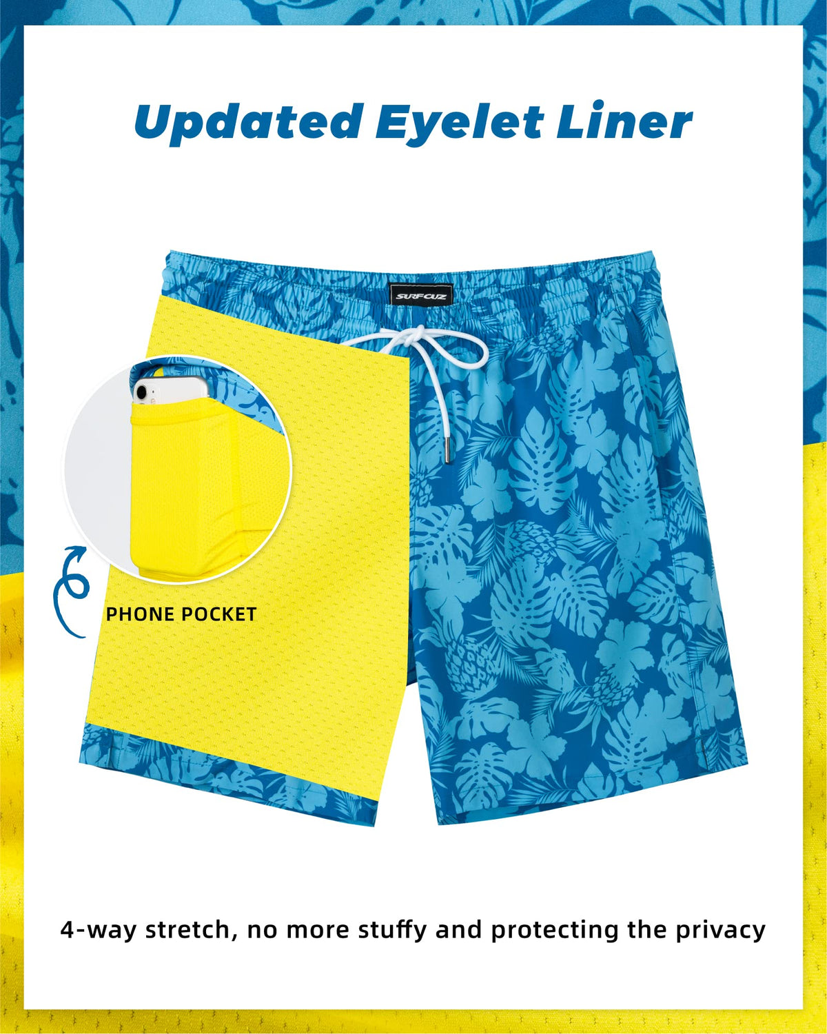SURF CUZ Mens Swim Trunks with Compression Liner Quick Dry Swim Shorts 7" Swimming Trunks Stretch Zipper Pockets Blue Flower Leaves Medium