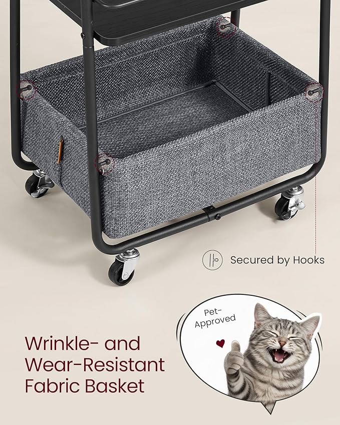 VASAGLE LILEA Collection - Storage Cart with Fabric Basket, 3-Tier Rolling Utility Cart with Wheels and Shelves, for Living Room Bedroom Kitchen, Ebony Black and Slate Gray ULRC001BE02