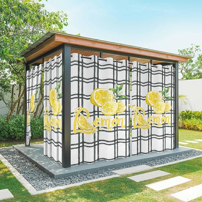 Lemon Outdoor Curtains for Patio Lemon Leaves Summer Plaid Buffalo Waterproof