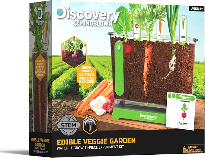 Discovery™ Edible Veggie Garden Watch-It-Grow Kit – DIY STEM Activity for Kids | Grow Carrots, Radishes & Onions| 11-Piece Science Kit with Seeds, Potting Mix & Root Tracker| Learning Toy Gift Ages 6+